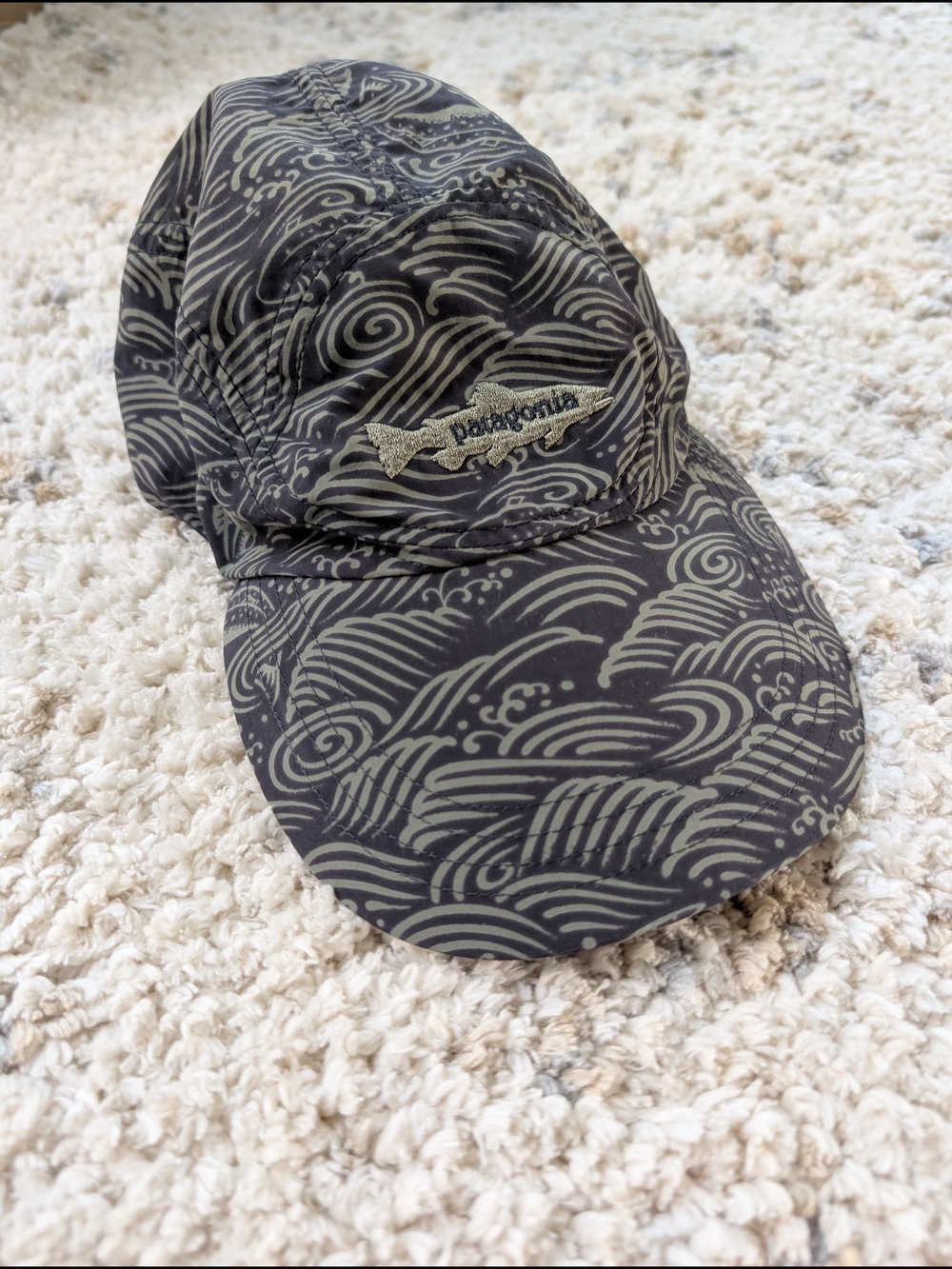 Patagonia 2000s Rare! Vintage 5-Panel Spoonbill Hat Blk/Sage Wave Fish Print, S